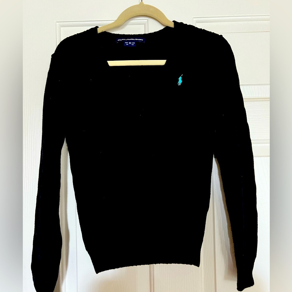 Ralph Lauren Sport Cable Knit V-Neck Black Sweater-Size Medium